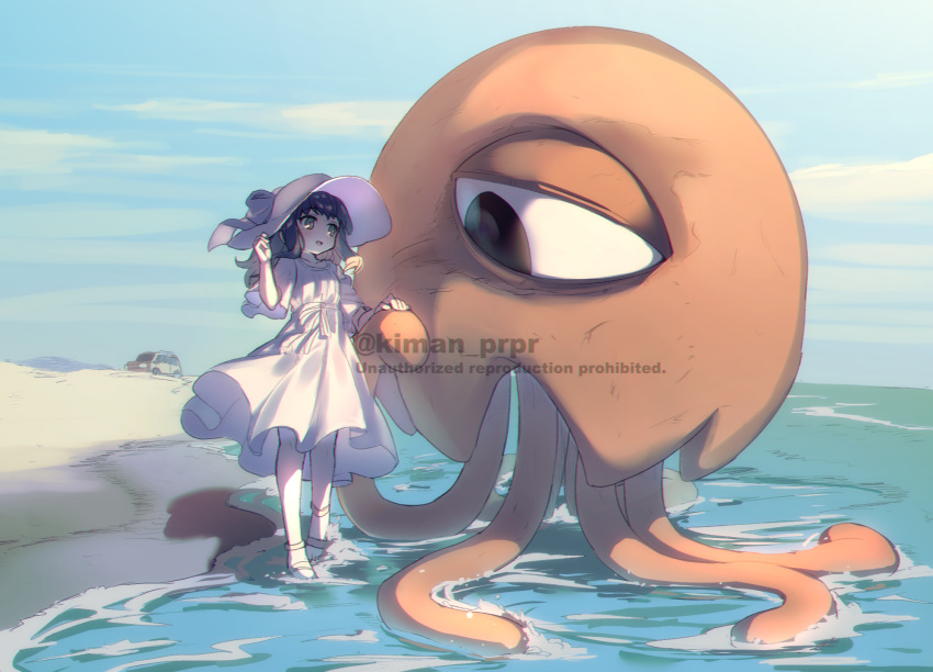 1girl artist_self-insert bow brown_eyes brown_hair dress garten_of_banban hat hat_bow highres jellyfish kiman long_sleeves motor_vehicle ocean original parted_lips runaway_girl_(kiman) sandals smile solo stinger_flynn sun_hat sundress van walking white_bow white_dress white_headwear