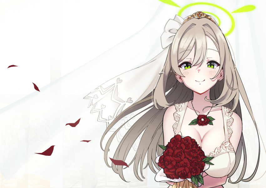 1girl absurdres alternate_costume blonde_hair blue_archive bouquet breasts bridal_veil bride cleavage closed_mouth collarbone dress earrings flower flower_necklace green_eyes halo happy_tears highres holding holding_bouquet jewelry large_breasts light_blush long_hair looking_at_viewer nonomi_(blue_archive) red_flower red_rose rose smile solo tananne tearing_up tears upper_body veil wedding_dress