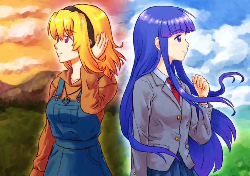 2girls aged_up back-to-back black_hairband blonde_hair blue_dress blue_hair blue_shirt blue_skirt blue_sky buttons closed_mouth cloud collarbone collared_shirt day denim denim_dress dress fingernails floating_hair furude_rika grey_jacket hair_between_eyes hairband hand_up highres higurashi_no_naku_koro_ni hood hood_down hoodie houjou_satoko jacket jewelry long_hair long_sleeves medium_hair multiple_girls necklace necktie orange_hoodie orange_sky pleated_skirt purple_eyes purple_pupils red_necktie school_uniform shirt sidelocks skirt sky smile st._lucia_academy_school_uniform twilight very_long_hair zawabug