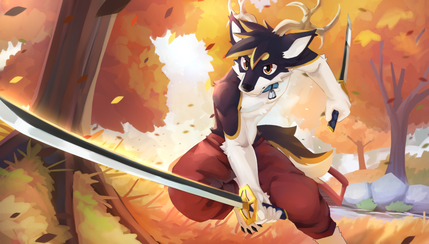 anthro antlers black_body black_fur black_hair blonde_hair blue_collar bottomwear canid clothed clothing collar dog_tags fur glistening glistening_eyes grass hair hi_res holding_katana holding_object holding_sword holding_weapon horn kuttoyaki leaf male mammal markings melee_weapon mouth_closed multicolored_hair orange_eyes outside pants plant red_bottomwear red_clothing red_pants rock solo sword topless tree two_tone_hair water weapon white_antlers white_body white_fur yellow_markings