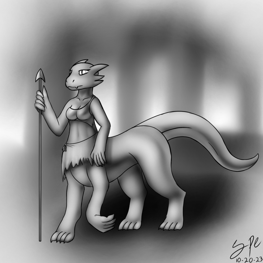 2023 4_toes 5_fingers big_tail blurred_background bottomwear breasts cleavage clothed clothing dated detailed_background digital_drawing_(artwork) digital_media_(artwork) digitigrade feet female fingers forest greyscale hi_res holding_object holding_spear holding_weapon humanoid_hands kobold kobold_taur long_tail medium_breasts melee_weapon monochrome non-mammal_breasts outside plant polearm pupils quadruped scalie scalie_taur shaded side_view signature skirt slit_pupils snout soft_shading solo spe spear standing tail tapering_tail taur thick_tail toes topwear tree tribal weapon