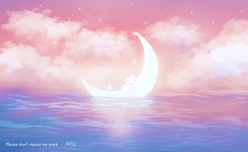 artist_name ayu_(mog) bird blush blush_stickers closed_mouth cloud commentary_request crescent_moon english_commentary gradient_sky horizon looking_at_another lying mixed-language_commentary moon no_humans ocean on_back on_crescent original rabbit scenery sky solid_circle_eyes star_(sky) sunset twilight water watermark