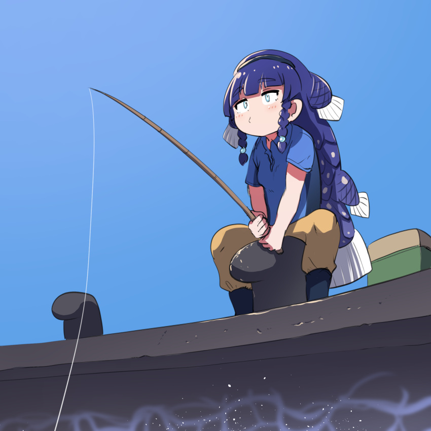 1girl alternate_costume blue_eyes blue_hair blue_sky boots coelacanth_(kemono_friends) fins fish_girl fish_tail fishing fishing_rod head_fins highres holding holding_fishing_rod kemono_friends long_hair mcgunngu pants shirt simple_background sitting sky solo tail