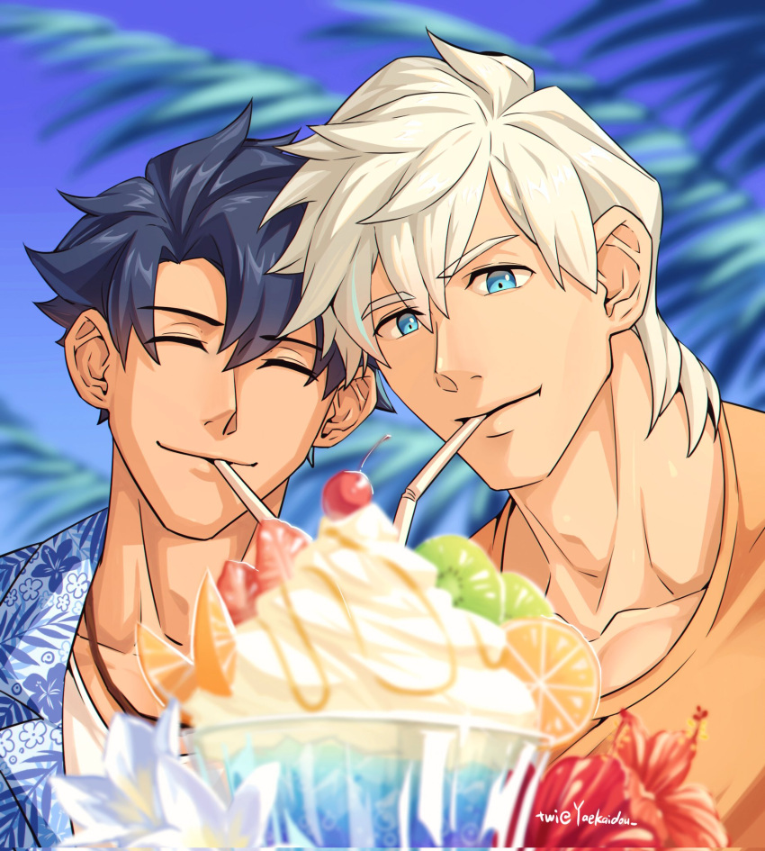 2boys alternate_costume bara black_hair blue_eyes closed_eyes collarbone drinking drinking_straw drinking_straw_in_mouth fate/grand_order fate_(series) fujimaru_ritsuka_(male) hair_between_eyes hawaiian_shirt highres implied_yaoi looking_at_viewer male_focus milkshake multiple_boys muscular muscular_male orange_shirt percival_(fate) shirt short_hair smile twitter_username white_hair yaekaidou