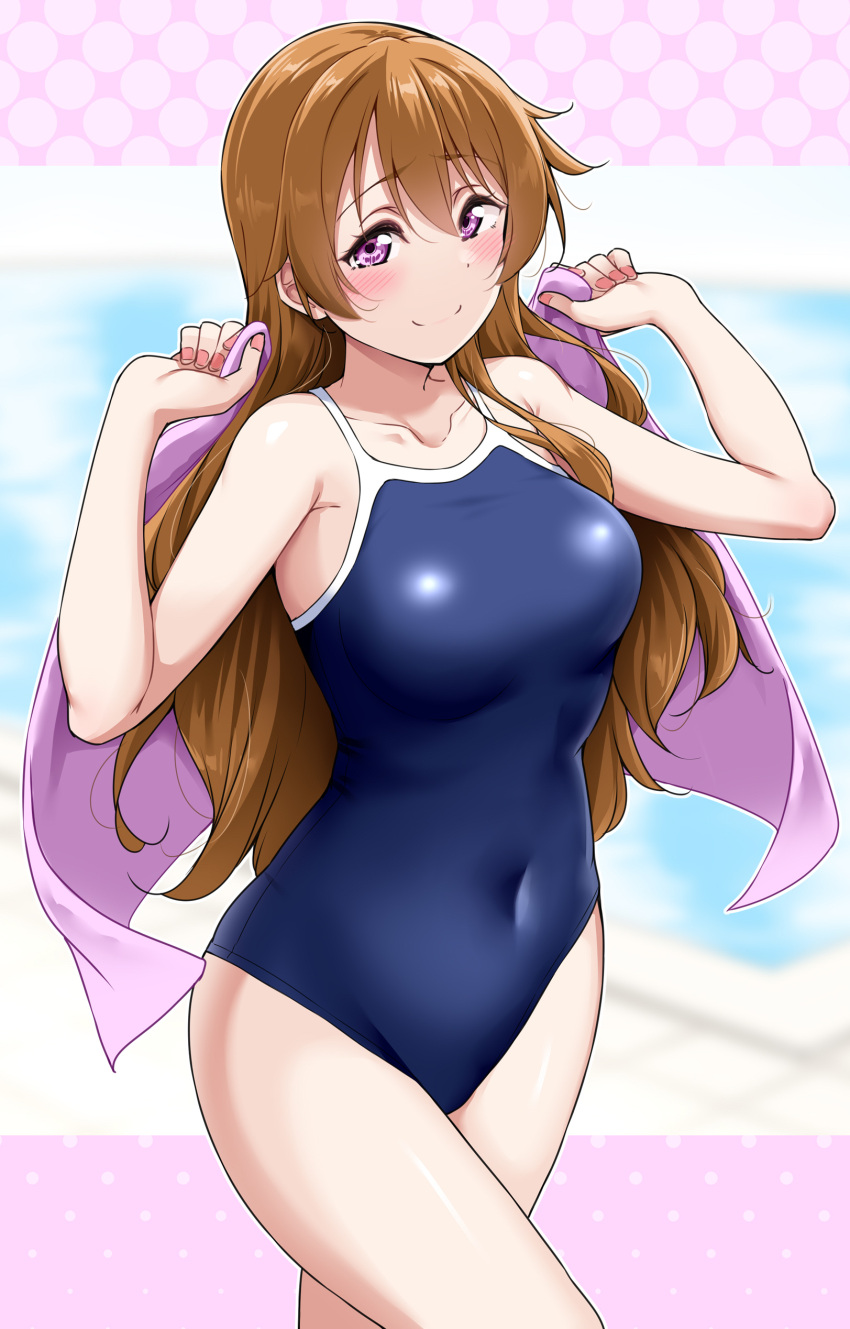 1girl absurdres blue_one-piece_swimsuit blush brown_hair closed_mouth collarbone covered_navel cowboy_shot hands_up highres holding holding_towel konoe_kanata long_hair looking_at_viewer love_live! love_live!_nijigasaki_high_school_idol_club one-piece_swimsuit pink_nails purple_eyes raised_eyebrows school_swimsuit smile solo swimsuit thighs towel wavy_hair yopparai_oni