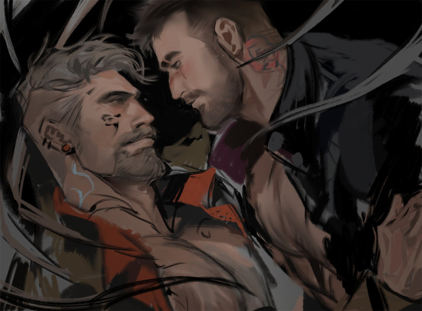 2boys bara beard black_hair blush chest_hair david_king_(dead_by_daylight) dead_by_daylight dopey_(dopq) eye_contact facial_hair from_side full-body_tattoo goatee grey_hair hand_on_another's_arm jacket large_pectorals long_sideburns looking_at_another male_focus mature_male multiple_boys muscular muscular_male neck_tattoo old old_man open_clothes open_jacket pectoral_cleavage pectorals scar scar_across_eye short_hair sideburns tattoo thick_eyebrows thick_mustache undercut upper_body vittorio_toscano yaoi