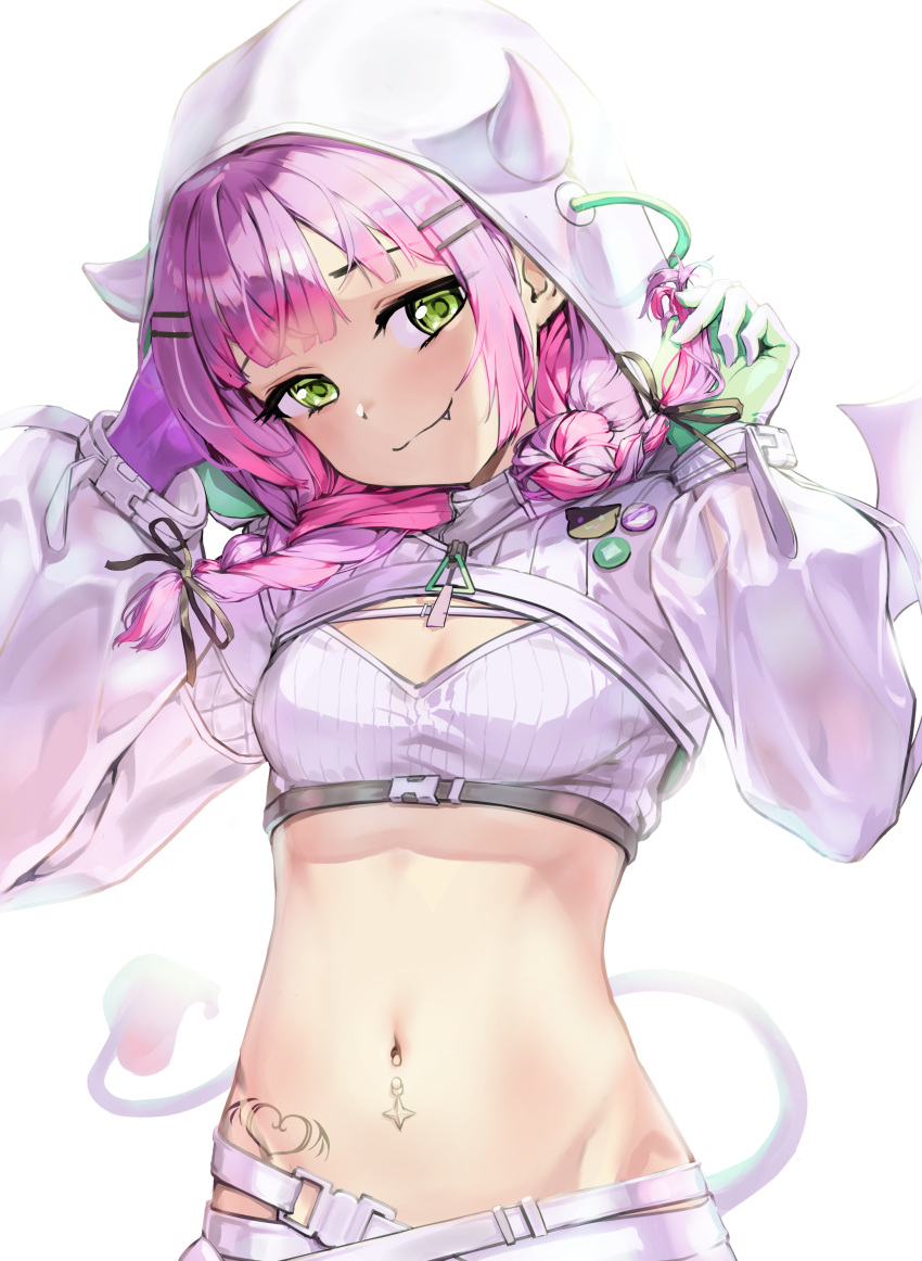 1girl absurdres blush breasts commentary demon_horns demon_tail demon_wings fake_horns fangs gloves green_eyes green_gloves hair_ornament hairpin heart heart_tattoo highres hololive horns long_hair looking_at_viewer navel navel_piercing piercing pink_hair purple_gloves rnjs4967 shrug_(clothing) small_breasts smile solo strapless tail tattoo tokoyami_towa tokoyami_towa_(5th_costume) tube_top two-sided_gloves virtual_youtuber white_gloves white_tube_top winged_heart_tattoo wings