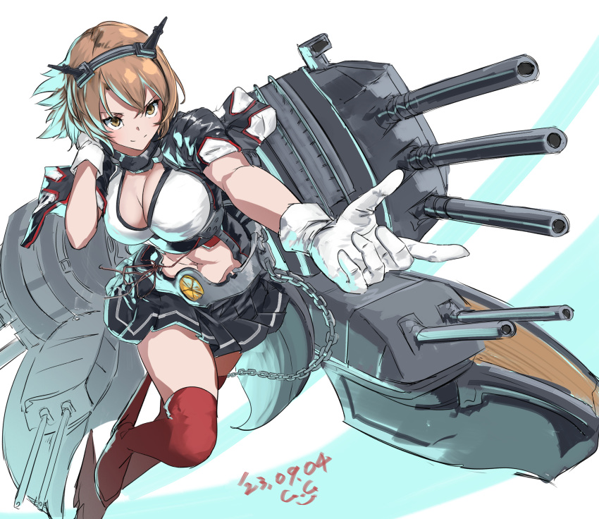 1girl black_capelet black_skirt breasts brown_hair capelet cleavage collar commentary_request dated flipped_hair gegeron gloves green_eyes headgear highres kantai_collection large_breasts metal_belt metal_collar midriff mutsu_(kancolle) mutsu_kai_ni_(kancolle) navel outstretched_arm radio_antenna red_thighhighs rigging rudder_footwear short_hair signature simple_background skirt solo striped striped_skirt thighhighs turret twisted_torso white_gloves