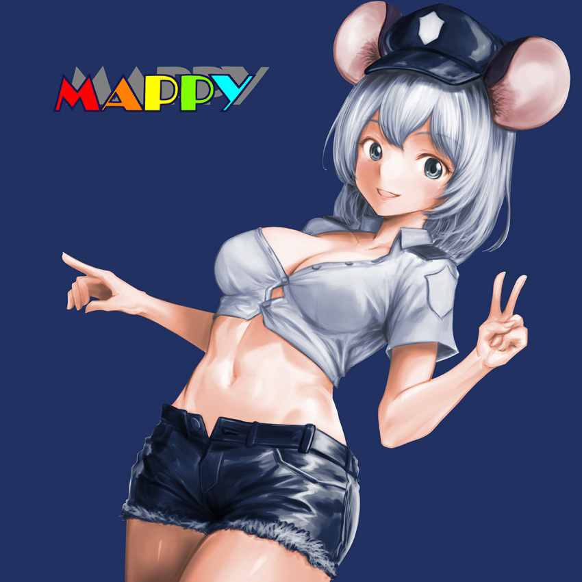 1girl :d animal_ear_fluff animal_ears blue_background blue_headwear blue_shorts breasts buttons cleavage collarbone collared_shirt copyright_name cowboy_shot cropped_shirt cutoffs double-parted_bangs dress_shirt genderswap genderswap_(mtf) grey_eyes grey_hair hat highres mappy mappy_(character) medium_breasts minamoto80486 mouse_ears mouse_girl navel open_fly open_mouth personification police_hat rainbow_text ringed_eyes shirt short_hair shorts simple_background smile solo white_shirt