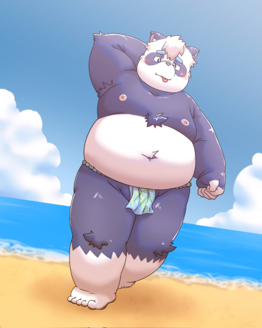 2023 anthro beach bear belly big_belly clothing cloud debudave_12 giant_panda hi_res kemono male mammal moobs nipples outside overweight overweight_male purple_body seaside solo swimwear tongue tongue_out water white_body