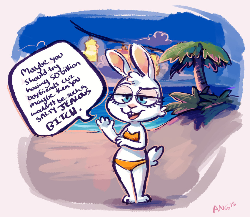 2015 anthro bandeau beach bikini blue_eyes buckteeth bunny_(zoobe) clothing english_text female fur handsomehugs head_tuft lagomorph leporid mammal orange_bikini orange_clothing orange_swimwear palm_tree pink_inner_ear plant rabbit scut_tail seaside short_tail solo speech_bubble swimwear tail teeth text topwear tree tuft white_body white_fur zoobe