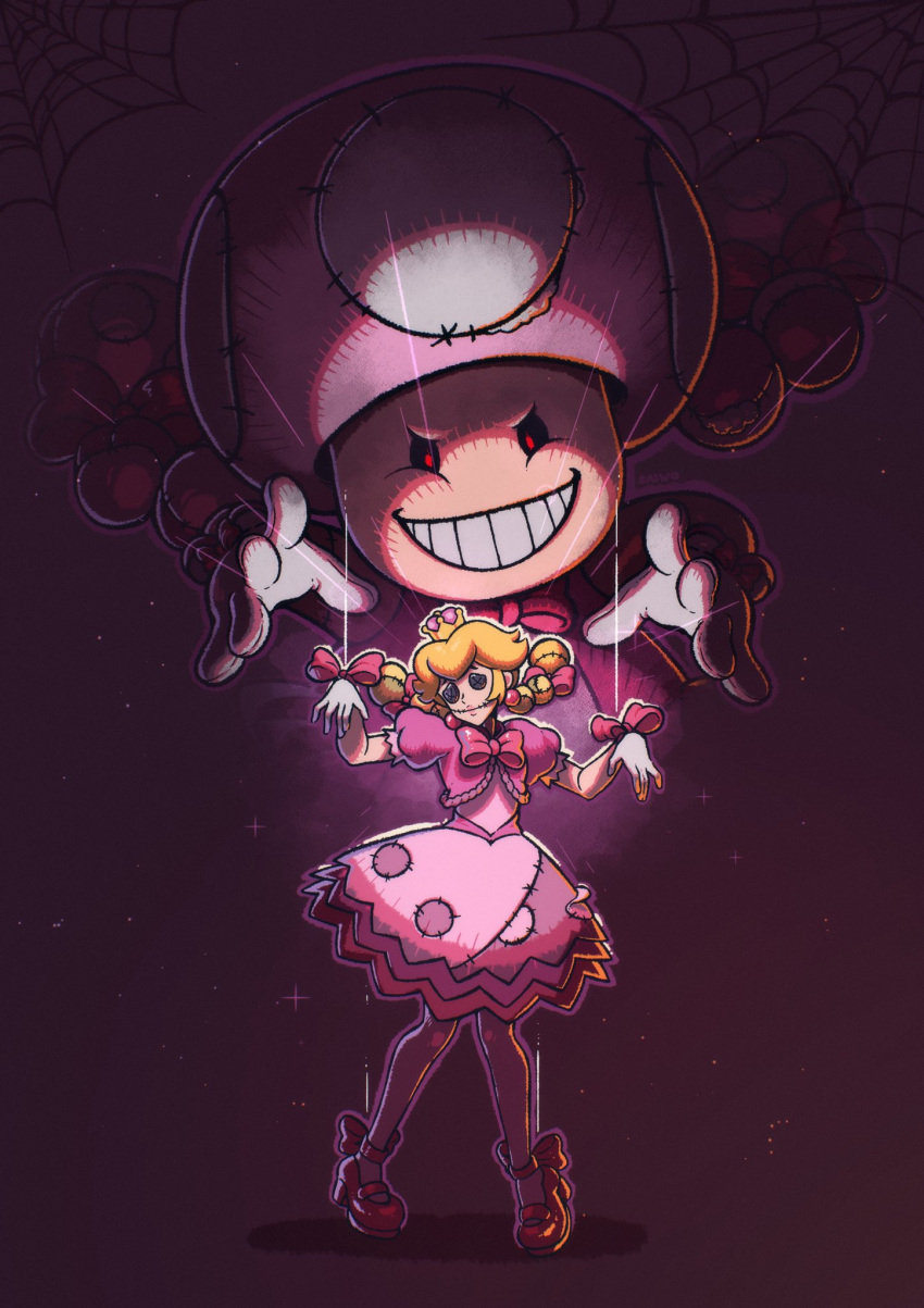 2girls black_sclera blonde_hair braid button_eyes colored_sclera crown dress earrings evil_smile gloves hair_ribbon highres jewelry mario_(series) marionette multiple_girls new_super_mario_bros._u_deluxe peachette pink_dress pink_ribbon puppet puppet_strings puppeteering red_eyes red_footwear red_ribbon ribbon saiwo_(saiwoproject) seams shadow silk smile sparkle sphere_earrings spider_web stitched_mouth stitches super_crown teeth toadette twin_braids twintails white_gloves