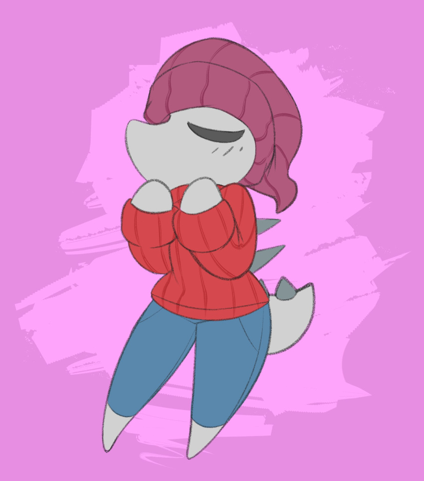 anthro ather_os beanie bottomwear chibi clothed clothing colored denim denim_clothing dinosaur erin_(snoot_game) eyes_closed female hat headgear headwear hi_res jeans pants reptile scalie simple_background snoot_game solo spiked_back spiked_tail spikes spikes_(anatomy) sweater tail topwear