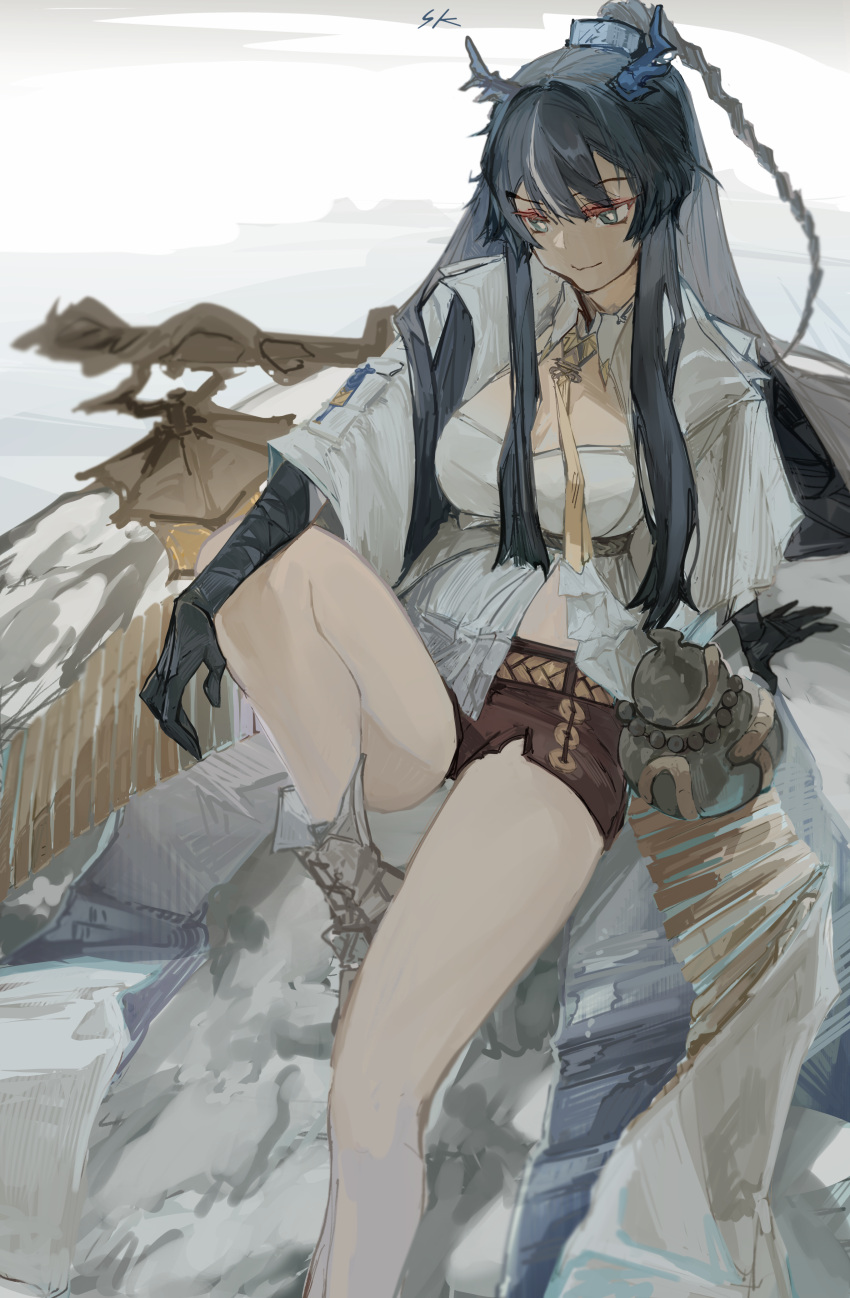 1girl absurdres adapted_costume ankle_boots arknights arm_support bare_legs blue_eyes blue_hair blue_skirt boots braid braided_ponytail breasts brown_shorts cleavage colored_skin commentary english_commentary foot_out_of_frame highres jug_(bottle) knee_up lantern large_breasts ling_(arknights) long_hair looking_to_the_side mountainous_horizon outdoors ponytail rock shorts signature sitting_on_rock sk0000112 skirt sky solo white_footwear white_sky