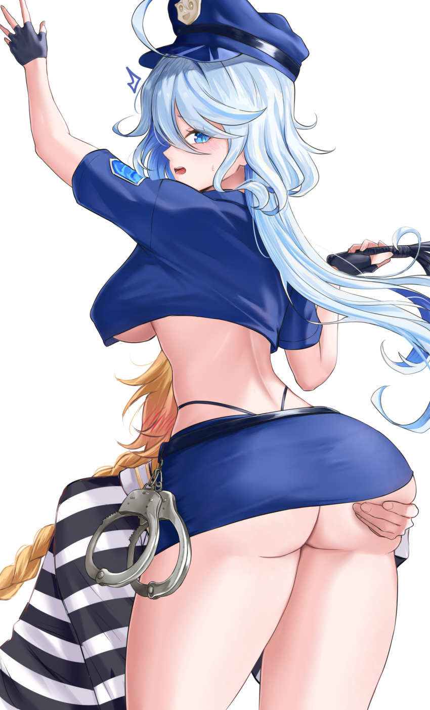 1boy 1girl absurdres aether_(genshin_impact) ahoge alternate_costume ass ass_grab black_gloves blonde_hair blue_eyes blue_hair blue_headwear blue_shirt blue_skirt breasts commentary cowboy_shot crop_top cuffs fingerless_gloves from_behind furina_(genshin_impact) genshin_impact gloves handcuffs hat highres large_breasts looking_at_viewer looking_back maumaou midriff miniskirt open_mouth peaked_cap pencil_skirt police police_uniform prison_clothes shirt short_hair short_sleeves simple_background skirt standing thighs underbutt uniform white_background