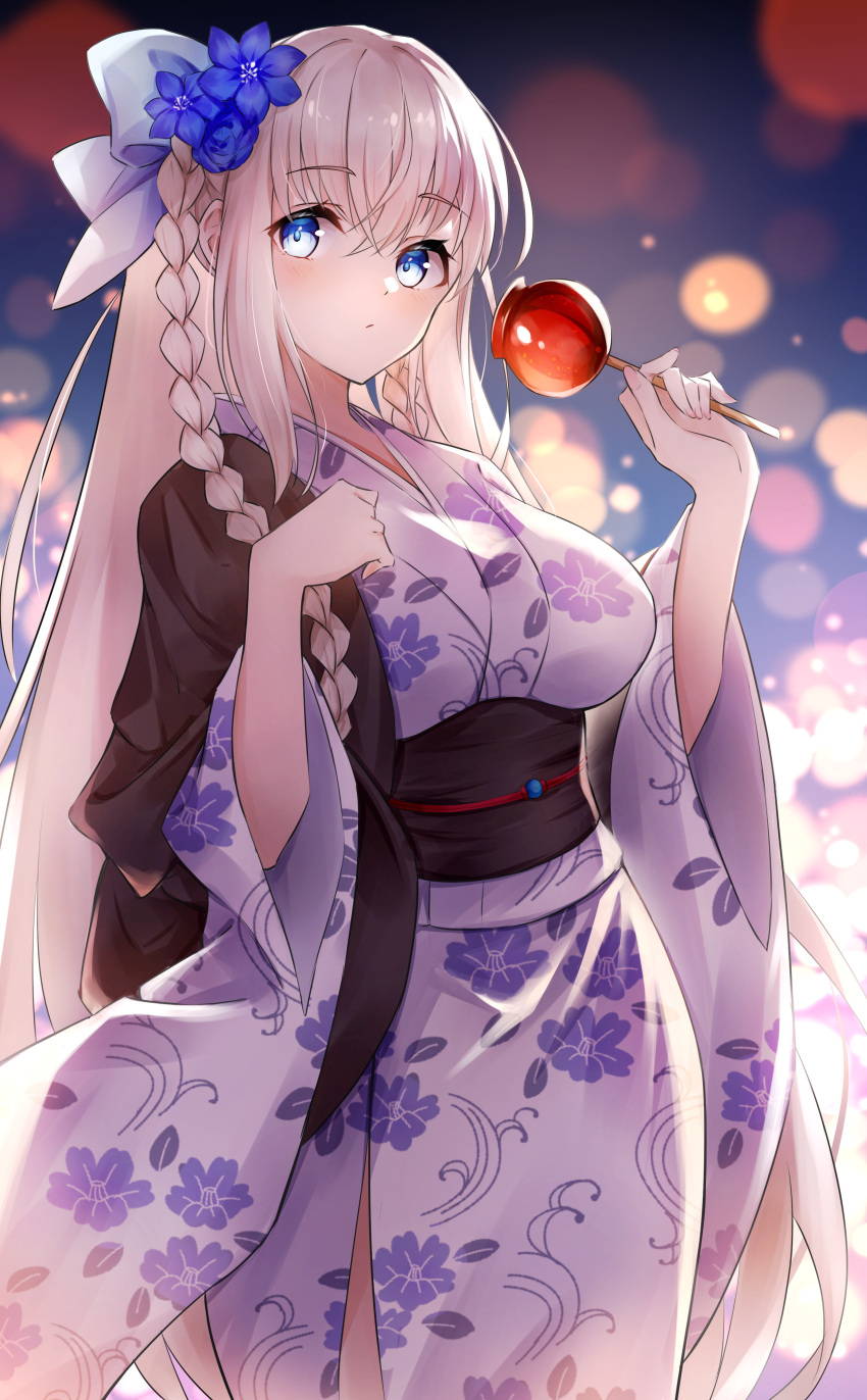 1girl :/ absurdres backlighting blonde_hair blue_eyes blue_flower bow braid breasts clenched_hand closed_mouth cowboy_shot crossed_bangs expressionless fate/grand_order fate_(series) festival floral_print flower food hair_between_eyes hair_bow hair_flower hair_ornament hands_up highres holding holding_food japanese_clothes kimono large_breasts lights long_hair looking_at_viewer morgan_le_fay_(fate) multiple_braids night print_kimono sash shiraiwa_usagi sidelocks solo standing straight_hair very_long_hair white_bow white_kimono wide_sleeves