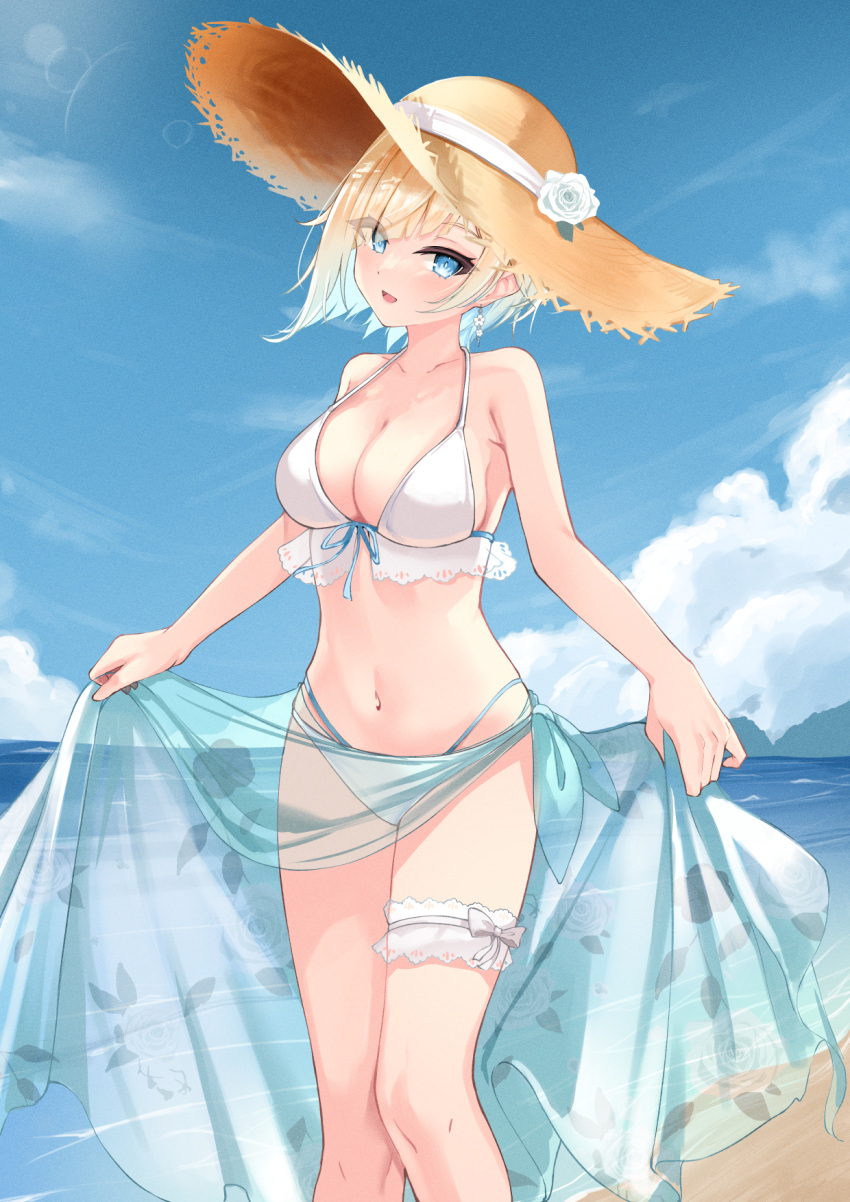 1girl aizawa_ema beach bikini blonde_hair blue_eyes blue_hair blue_sarong blue_sky breasts bridal_garter cloud day earrings flower flower_earrings front-tie_bikini_top front-tie_top gradient_hair hat hat_flower highres holding_sarong horizon jewelry karmq lace-trimmed_bikini lace_trim large_breasts looking_at_viewer multi-strapped_bikini_bottom multicolored_hair navel ocean outdoors rose sarong see-through short_hair sky solo standing stomach straw_hat summer swimsuit virtual_youtuber vspo! water white_bikini white_flower white_rose yellow_headwear