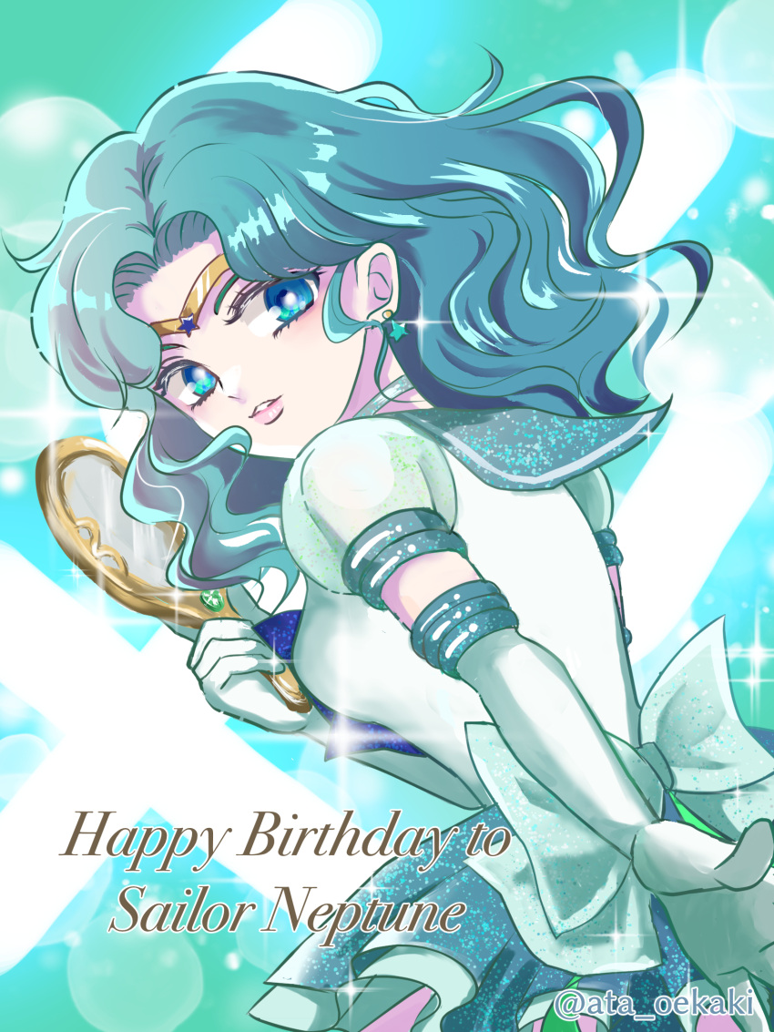 1girl aqua_eyes aqua_hair aqua_theme ata129 back_bow bishoujo_senshi_sailor_moon blue_bow bow choker circlet cowboy_shot deep_aqua_mirror earrings elbow_gloves gloves green_bow green_choker green_sailor_collar green_skirt highres holding holding_mirror jewelry kaiou_michiru layered_skirt light_particles looking_at_viewer looking_back magical_girl medium_hair mirror neptune_symbol outstretched_hand parted_bangs puffy_sleeves sailor_collar sailor_neptune sailor_senshi_uniform see-through see-through_sleeves shiny_clothes skirt solo sparkle standing star_(symbol) star_earrings super_sailor_neptune_(stars) twitter_username white_gloves