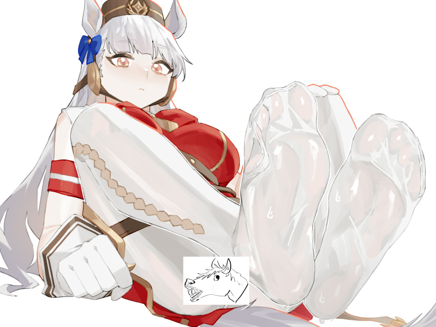 1girl absurdres animal_ears censored dress ear_bow feet feet_up foot_focus foreshortening gloves gold_ship_(umamusume) highres horse_ears horse_girl legs long_hair looking_at_viewer no_shoes pantyhose pillbox_hat purple_eyes red_dress renxzd sitting soles solo toes umamusume white_gloves white_hair white_pantyhose