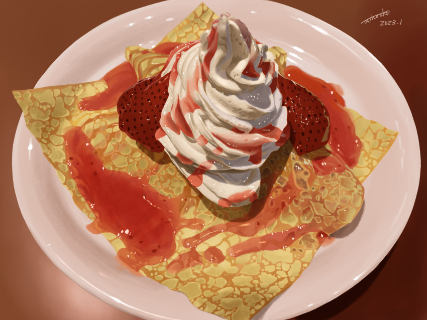 absurdres crepe dated food food_focus fruit gradient_background highres no_humans original plate shadow signature still_life strawberry strawberry_syrup tainosuke whipped_cream