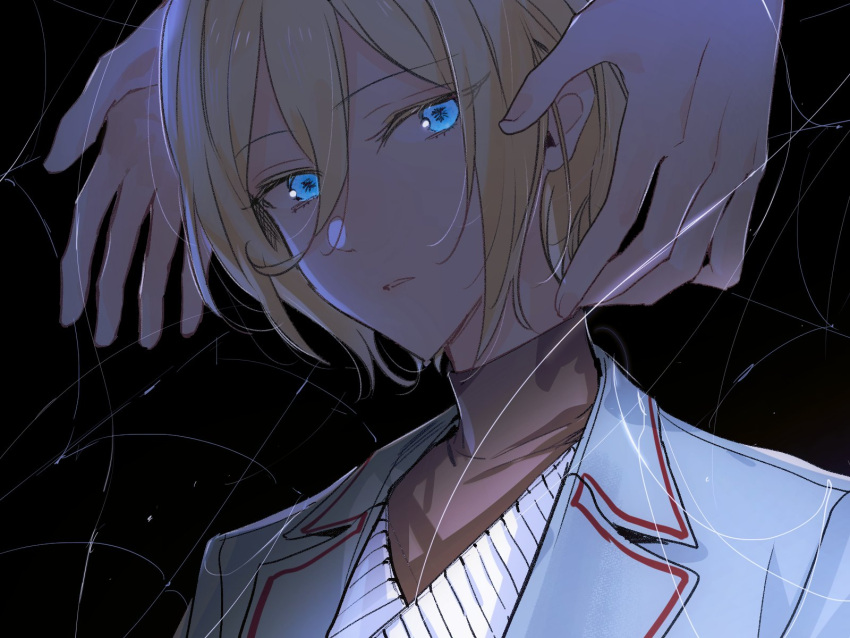 1boy 1other black_background blonde_hair blue_eyes blue_jacket brown_shirt disembodied_limb eichi_turnr ensemble_stars! highres jacket long_sleeves looking_at_viewer parted_lips shaded_face shirt short_hair silk spider_web string sweater tenshouin_eichi turtleneck white_sweater