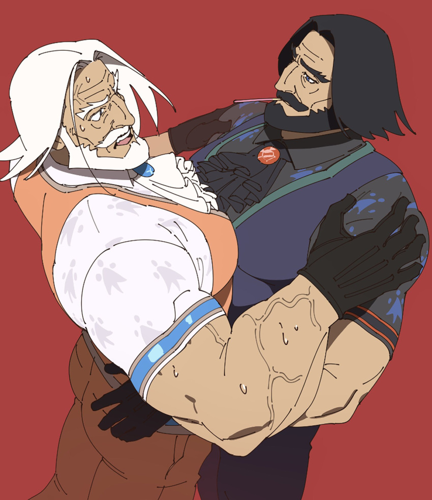 2boys ascot ass_grab bara beard black_gloves black_hair blue_eyes brooch cowboy_shot dark-skinned_male dark_persona dark_skin dual_persona eye_contact facial_hair food food_in_mouth gloves highres incoming_pocky_kiss jewelry jp_(street_fighter) large_pectorals long_hair looking_at_another male_focus mature_male mouth_hold multiple_boys muscular muscular_male mustache old old_man open_mouth pectoral_docking pectoral_press pectorals pocky pocky_in_mouth print_shirt red_background sa1k0p shirt street_fighter street_fighter_6 sweatdrop thick_eyebrows thick_mustache veins vest white_hair