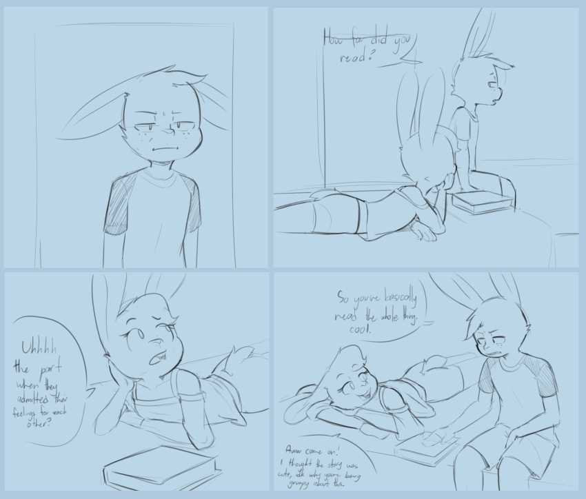agidyne anthro bed book comic cousins_(lore) disappointed duo female freckles furniture head_on_arm head_tuft hi_res lagomorph leporid lying male mammal on_bed on_front rabbit rose_(agidyne) shoulderless_topwear sitting stephen_(agidyne) tail tail_tuft tuft
