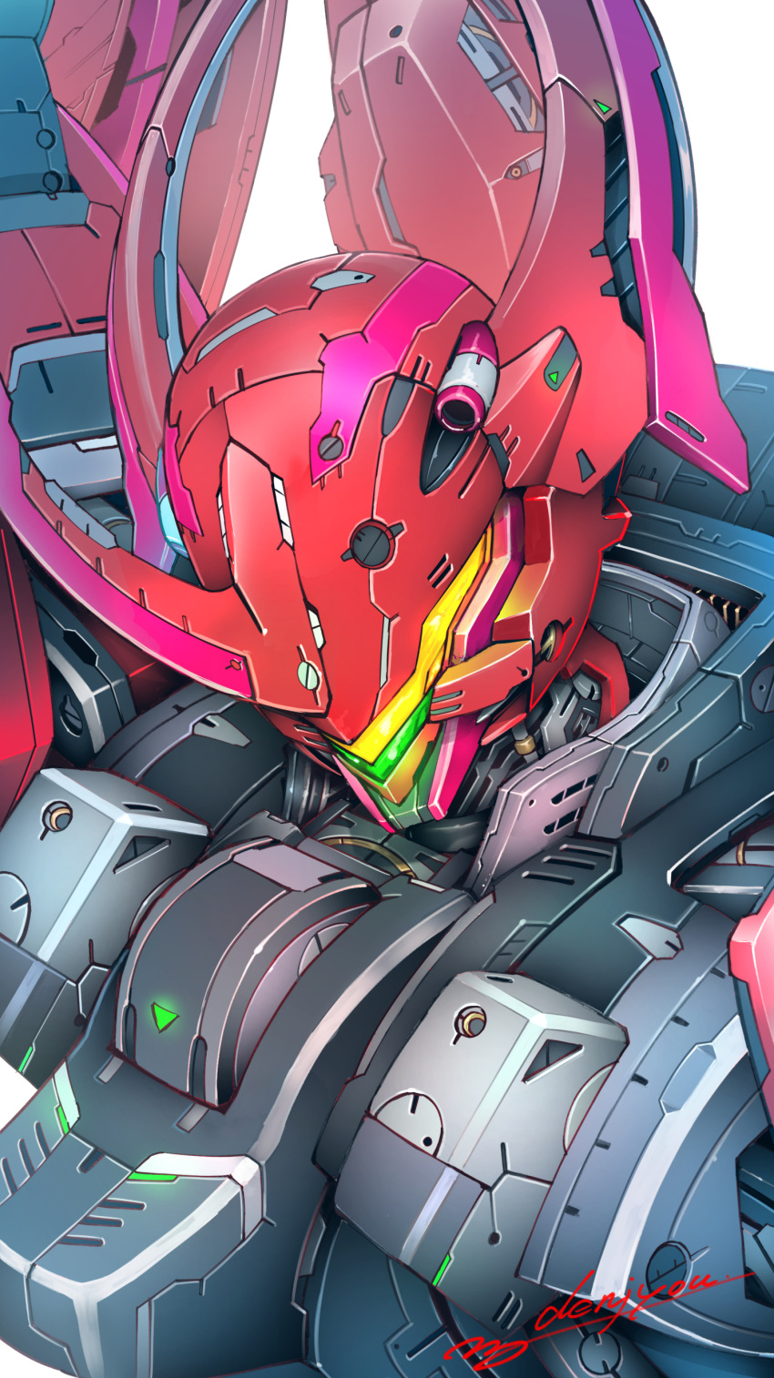 absurdres assault_visor close-up commentary_request darilbalde denjyou23 gundam gundam_suisei_no_majo highres horns mecha mobile_suit no_humans portrait robot science_fiction signature simple_background single_horn solo white_background