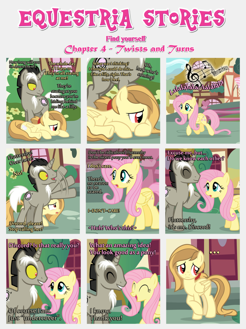 absurd_res alice_goldenfeather_(estories) black_border border building dialogue discord_(mlp) ears_up english_text equid equine estories eyes_closed fake_cutie_mark female feral flower fluttershy_(mlp) folded_wings friendship_is_magic gesture group happy hasbro hi_res horn male mammal motion_lines musical_note my_little_pony pegasus plant ponyville sad shrub shy singing smile text trio uncomfortable unicorn walking waving wings