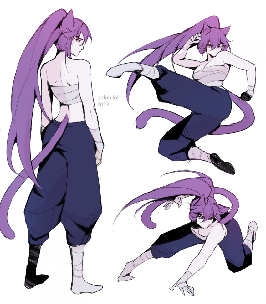 2023 animal_ears animal_humanoid artist_name bandage bandaged_chest bottomwear clothing dated digital_media_(artwork) female golub_lol hair hi_res humanoid light_body light_skin long_hair misuri_(golub_lol) multiple_poses pose purple_hair purple_tail simple_background solo standing tail white_background