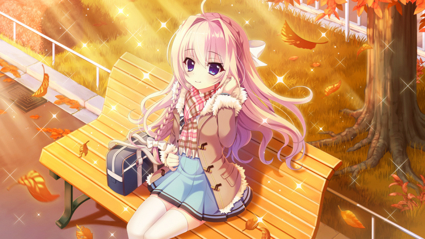 1girl ahoge autumn autumn_leaves bench blonde_hair blue_bag blue_eyes blue_skirt bow braid brown_coat coat dot_nose evening film_grain from_above fur_trim game_cg grass hair_bow hair_intakes hand_in_own_hair hedge izumi_tsubasu long_braid long_hair looking_at_viewer mole mole_under_eye non-web_source official_art on_bench outdoors park_bench plaid plaid_scarf railing re:stage! scarf school_uniform shiratori_amaha_(re:stage!) single_braid sitting skirt smile solo sparkle sunlight thighhighs tree white_bow white_thighhighs wind zettai_ryouiki