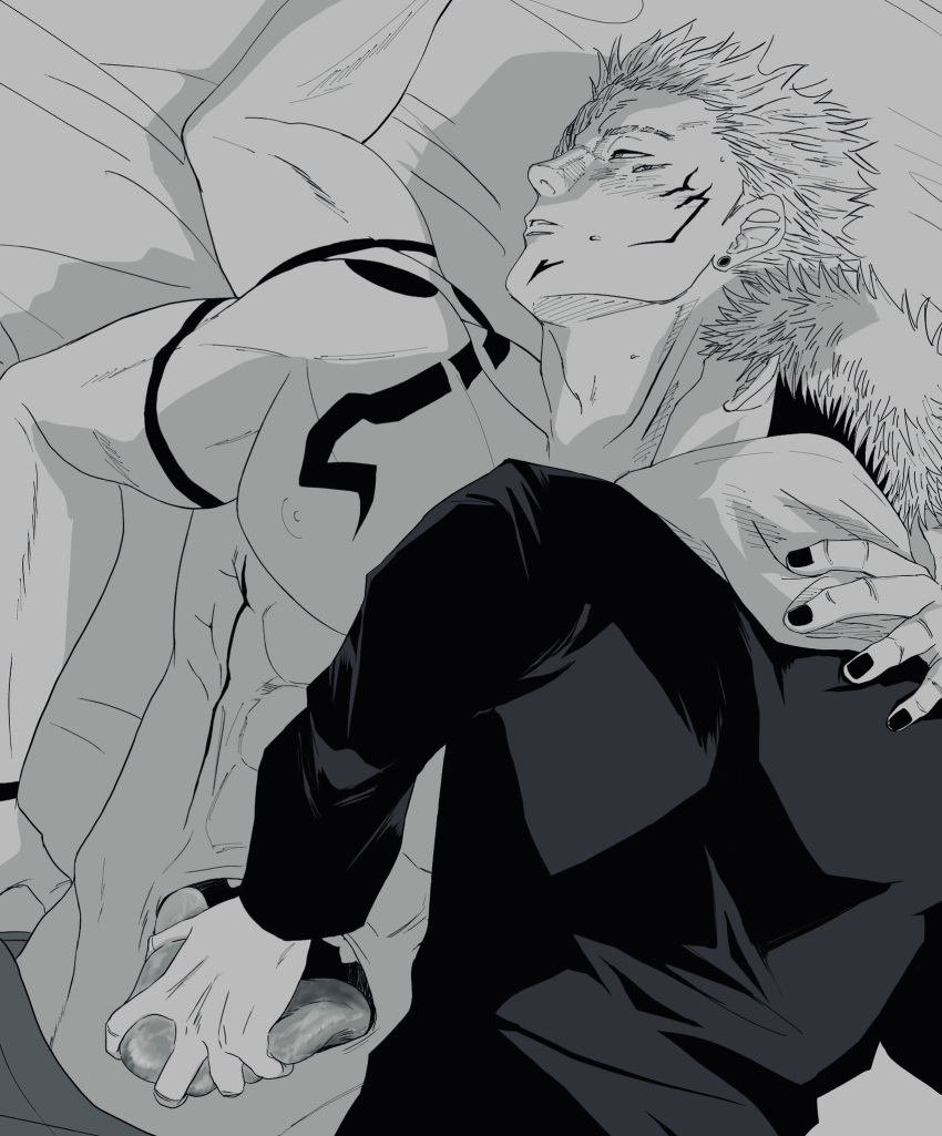 2boys abs arm_around_neck bed black_nails blush body_markings earrings extra_mouth greyscale highres itadori_yuuji jewelry jujutsu_kaisen jujutsu_tech_uniform looking_to_the_side lying male_focus markings monochrome multiple_boys nipples on_back parted_lips ryoumen_sukuna_(jujutsu_kaisen) short_hair stomach_mouth stud_earrings tongue tongue_grab tongue_out torogao uonburu yaoi