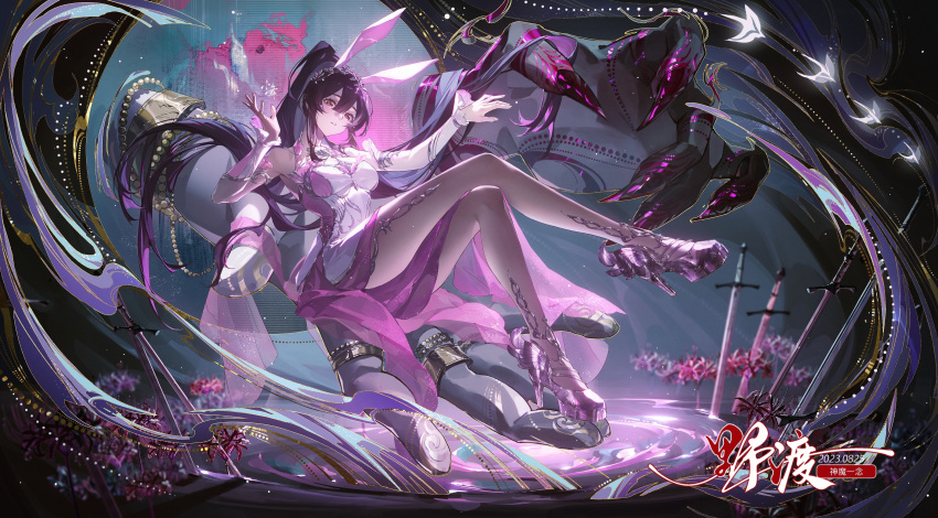 1girl absurdres animal_ears black_hair breasts crossed_legs disembodied_limb douluo_dalu dress dust flower full_body hands_up head_tilt high_heels highres long_hair medium_breasts pantyhose parted_lips pink_dress planted planted_sword rabbit_ears ripples second-party_source sitting solo spider_lily sword teeth tuzhate weapon white_pantyhose xiao_wu_(douluo_dalu)