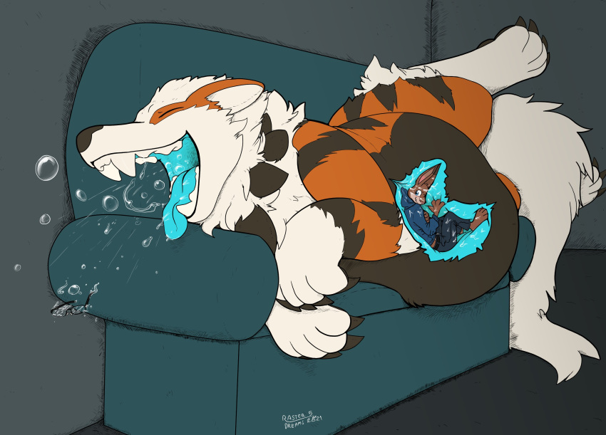 2021 anthro arcanine belly big_belly blue_mouth burping burping_up_glasses burping_up_object digital_drawing_(artwork) digital_media_(artwork) duo ears_down eyes_closed fatescanner feral fully_inside furniture generation_1_pokemon hi_res inside_stomach internal lagomorph leporid lying male mammal nintendo on_back on_side on_sofa open_mouth pivoted_ears pokemon pokemon_(species) rabbit raised_leg raster_dreams signature sofa tongue vore