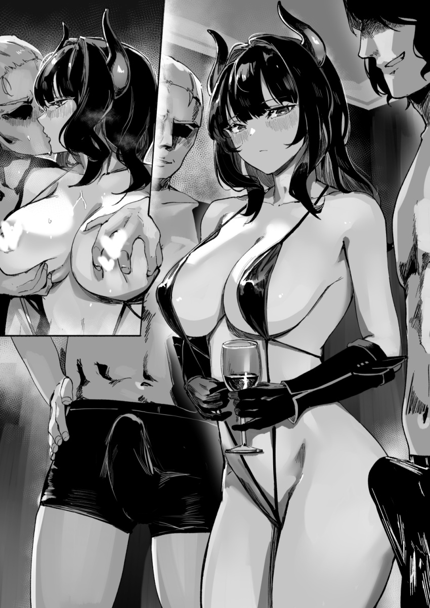 1girl 2boys blush breasts censored censored_nipples cleavage covered_nipples demon_girl demon_horns erection grabbing grabbing_another's_breast hetero highres horns lynus monochrome multiple_boys naoko-san original sideboob slingshot_swimsuit swimsuit