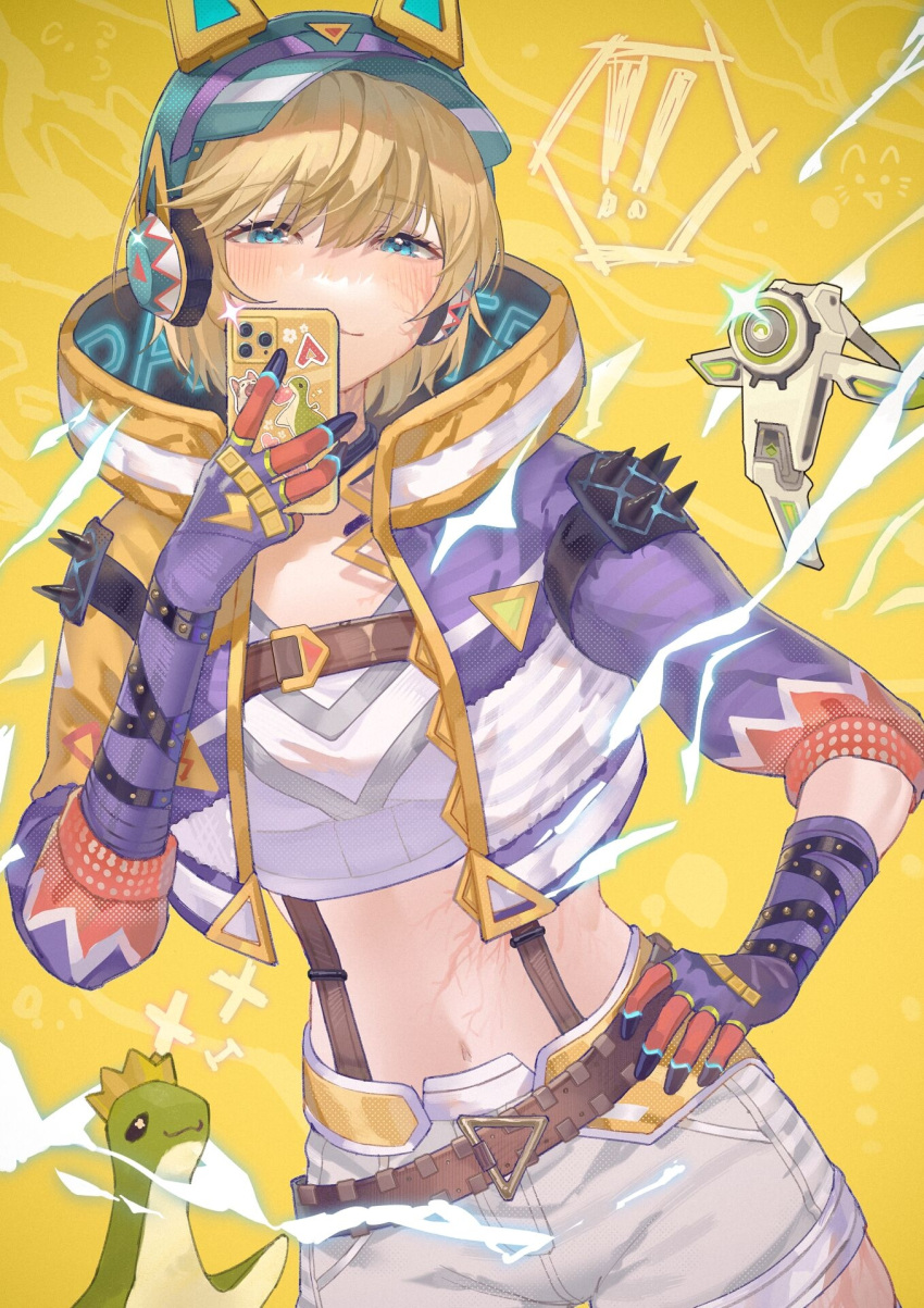 ! !! 1girl animal_ear_headphones animal_ears animification apex_legends blonde_hair blue_headwear blush cat_ear_headphones cellphone chinese_commentary cropped_shirt crown electricity fake_animal_ears gloves hack_(apex_legends) hand_on_own_hip headphones highres holding holding_phone hood hooded_jacket jacket lichtenberg_figure looking_at_viewer multicolored_clothes multicolored_jacket navel nessie_(respawn) non-humanoid_robot official_alternate_costume phone purple_gloves purple_jacket robot scar scar_on_face scar_on_stomach selfie shirt short_hair shorts shoulder_spikes smartphone smile solo spikes sticker stuffed_toy thunder_kitty_wattson visor_cap wattson_(apex_legends) white_shirt white_shorts x_x yellow_background yellow_jacket zhongji