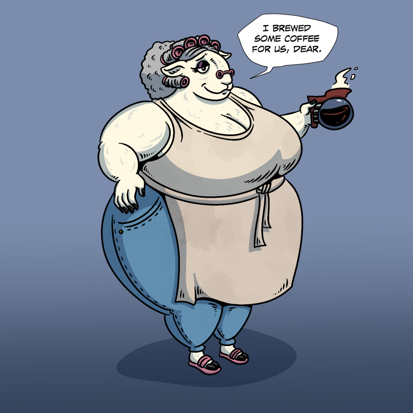 anthro apron beverage beware_the_shadowcatcher big_breasts black_eyes black_nails blue_background blue_bottomwear blue_clothing blue_pants bottomwear bovid breasts caprine cleavage clothed clothing coffee coffee_pot colored_nails curlers dialogue eyelashes eyewear female fur glasses grey_hair hair hand_on_hip hi_res hooves huge_breasts looking_at_viewer mammal maude_(bts) nails overweight overweight_female pants pink_slippers purveyor-of-blubber round_glasses sheep simple_background smile solo speech_bubble talking_to_viewer text thick_thighs white_body white_fur wide_hips zed_technician_games