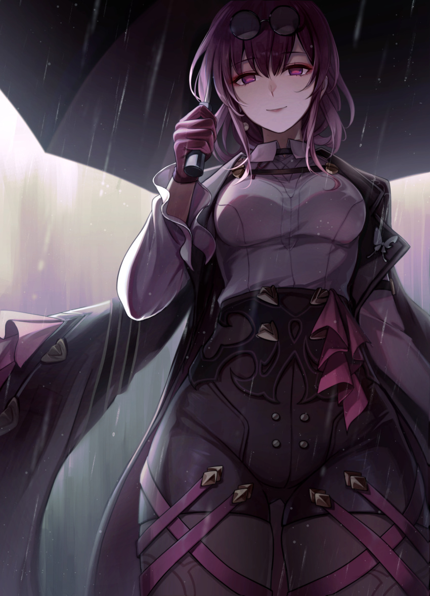 1girl black_jacket black_shorts breasts chest_harness closed_mouth collared_shirt earrings eyewear_on_head gloves hair_between_eyes harness high-waist_shorts highres holding holding_umbrella honkai:_star_rail honkai_(series) jacket jewelry kafka_(honkai:_star_rail) karen_(navy_42) large_breasts long_hair long_sleeves looking_at_viewer outdoors pantyhose pantyhose_under_shorts pince-nez purple-tinted_eyewear purple_eyes purple_gloves purple_hair purple_pantyhose rain revision round_eyewear shirt shorts sidelocks smile solo standing sunglasses tinted_eyewear umbrella white_shirt