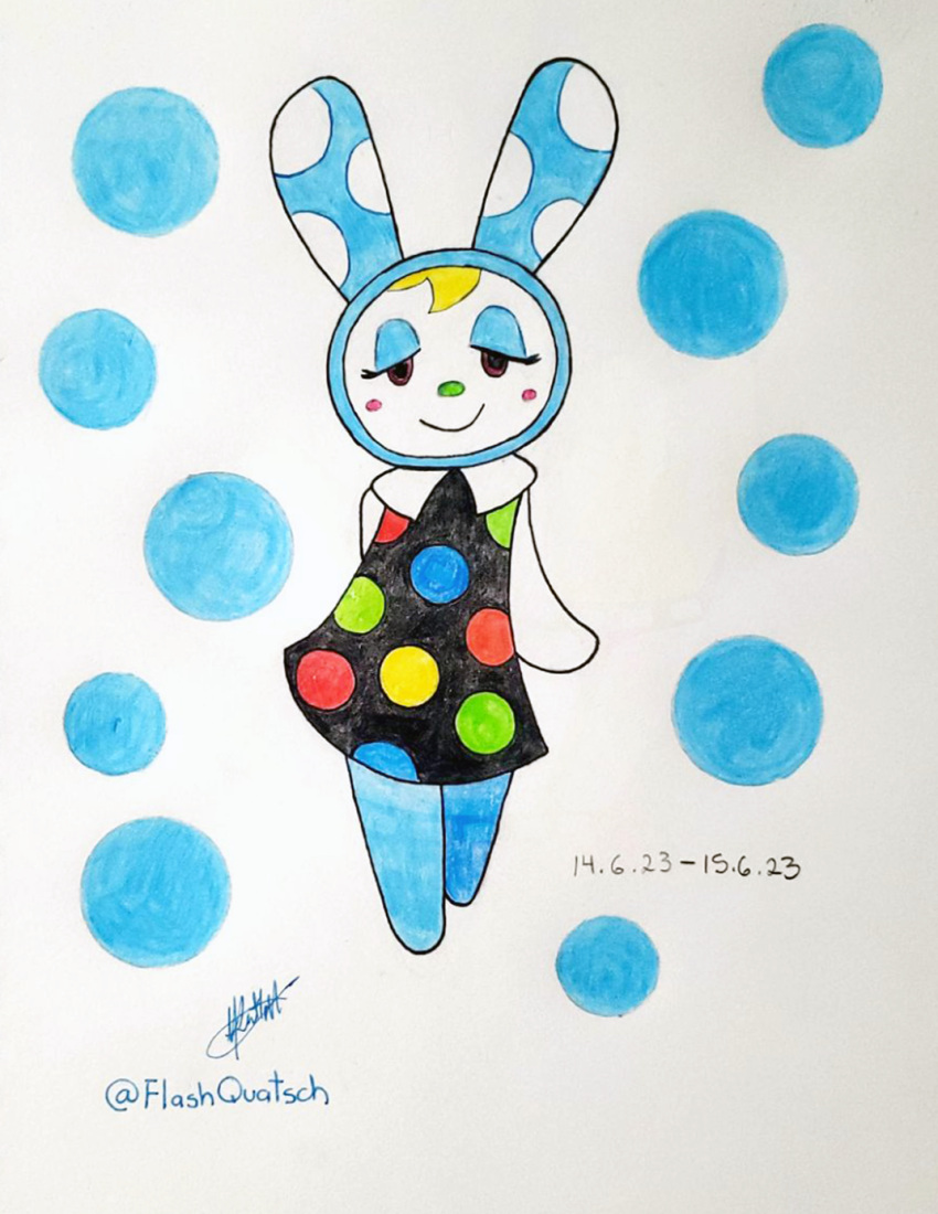 animal_crossing anthro blonde_hair blue_eyeshadow blue_legs blush colored_pencil_(artwork) dotted_background eyeshadow female flashquatsch francine_(animal_crossing) hair hi_res lagomorph leporid makeup mammal marker_(artwork) nintendo pattern_background polka_dot_dress polka_dots rabbit simple_background solo traditional_media_(artwork) white_body white_skin