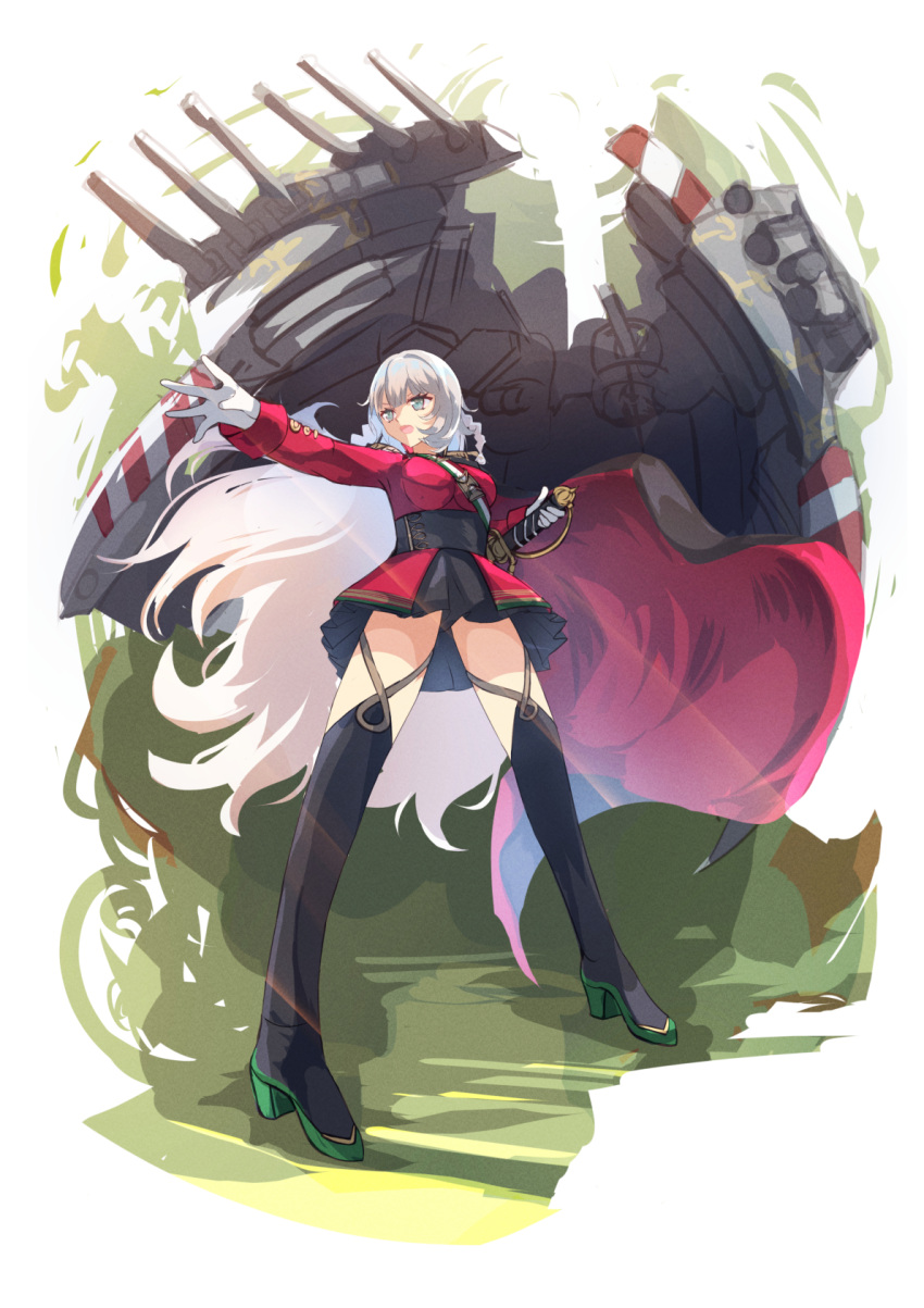 1girl azur_lane black_skirt blush boots breasts cannon cape epaulettes green_background green_cape grey_eyes grey_hair hane_(feathe02) highres jacket large_breasts long_hair looking_at_viewer machinery military_uniform open_mouth rigging saber_(weapon) skirt solo sword thighhighs turret uniform very_long_hair vittorio_veneto_(azur_lane) weapon white_background white_hair