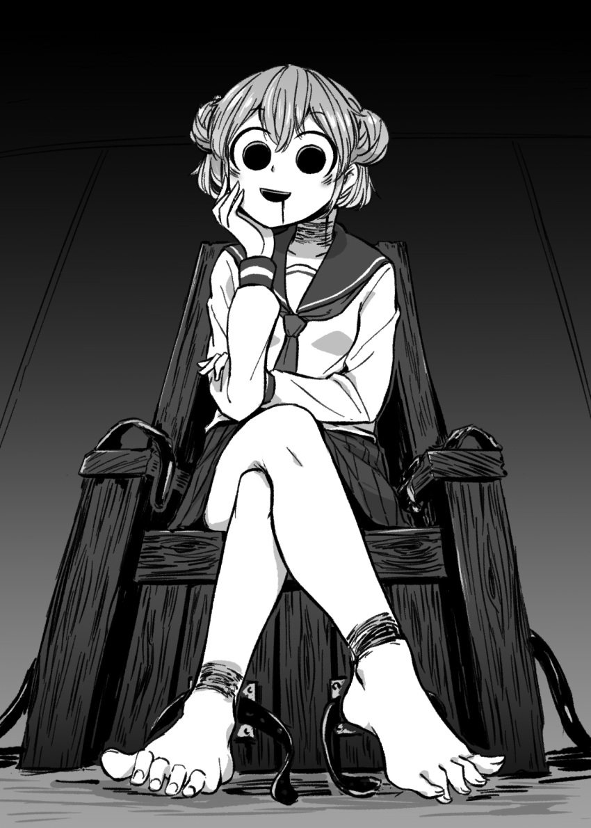 1girl 4shi :d arm_rest bags_under_eyes bare_legs barefoot breasts chair commentary_request crossed_legs dango-chan_(4shi) double_bun drooling feet full_body greyscale hair_between_eyes hair_bun head_rest highres hollow_eyes horror_(theme) long_sleeves looking_at_viewer looking_down monochrome neckerchief open_mouth original restrained restraints sailor_collar school_uniform serafuku shirt short_hair skirt small_breasts smile solo stationary_restraints toes