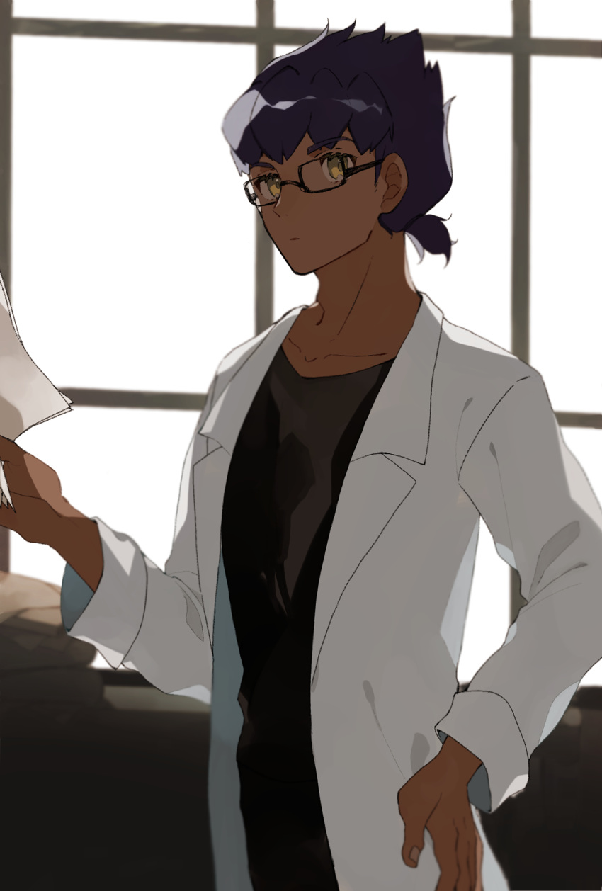 1boy aged_up bespectacled black_pants black_shirt coat collarbone dark-skinned_male dark_skin glasses highres holding holding_paper hop_(pokemon) indoors lab_coat male_focus pants paper parted_lips pokemon pokemon_(game) pokemon_swsh purple_hair rectangular_eyewear romo827 shirt short_ponytail solo white_coat window yellow_eyes