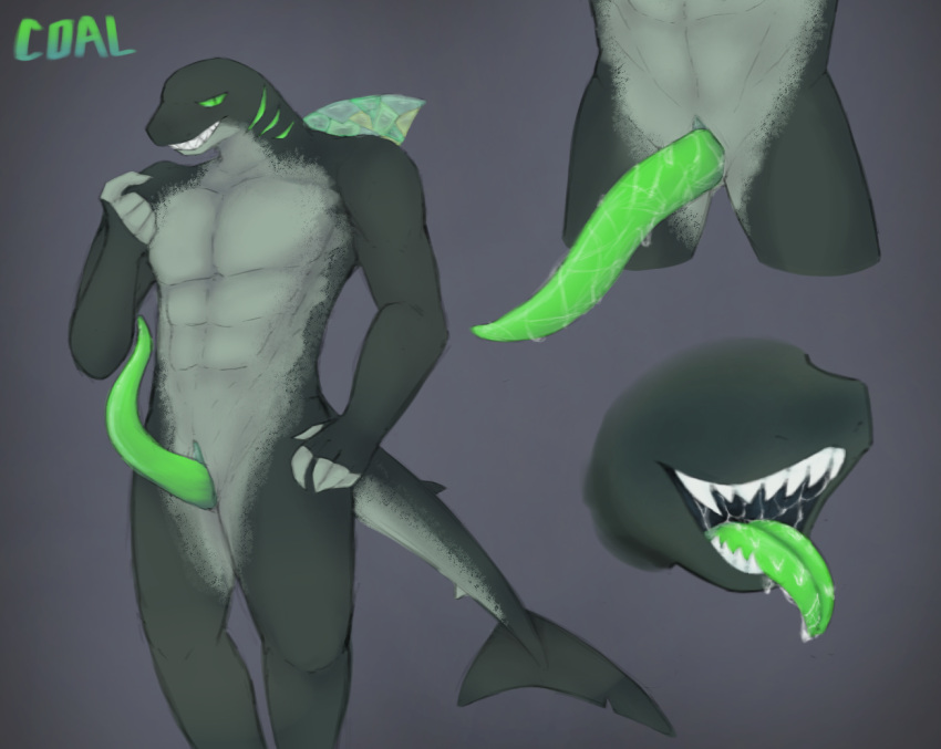 animal_genitalia anthro athletic athletic_anthro athletic_male bodily_fluids climaxel coal_(axlproto) elemental_creature fish genital_fluids genital_slit genitals green_fin green_gills green_penis green_tongue male marine mineral_fauna mouth_shot muscular muscular_male open_mouth penis saliva shark sharp_teeth slit solo tail teeth tongue