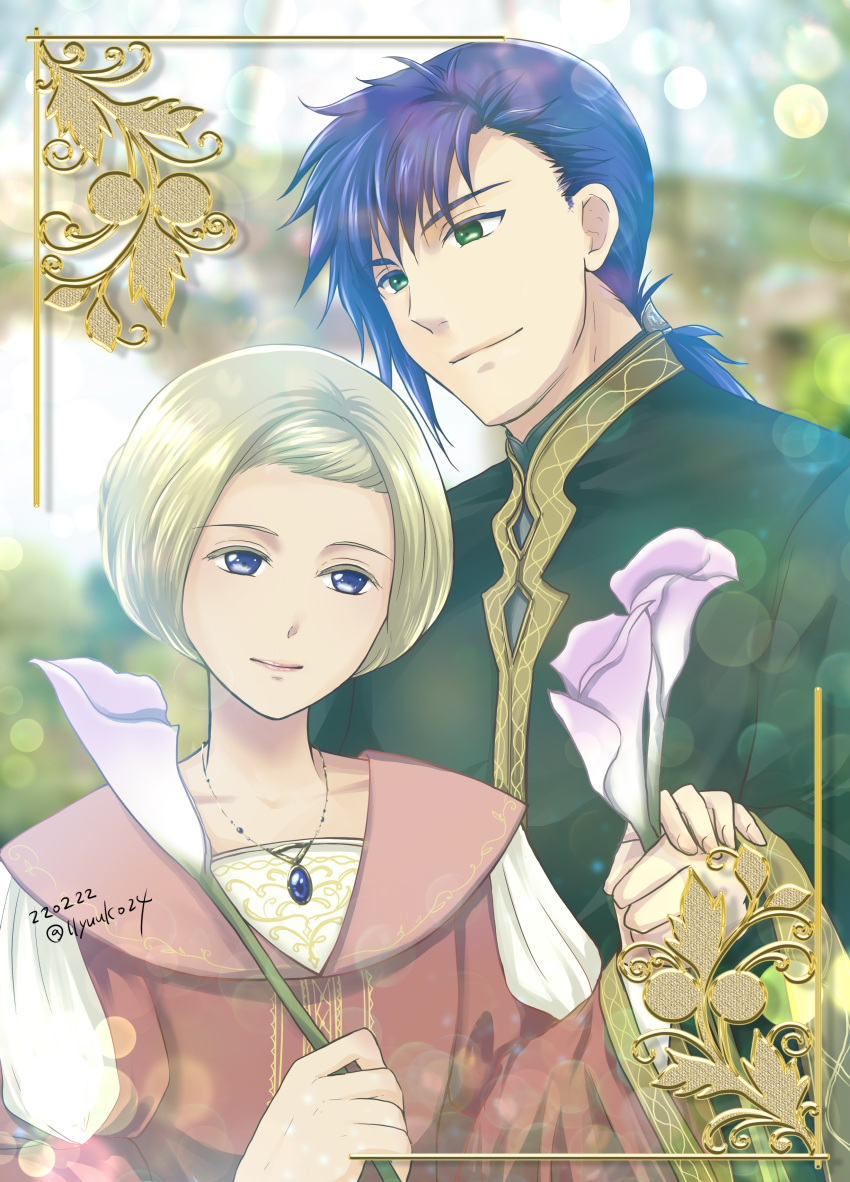 1boy 1girl absurdres blonde_hair blue_hair dated florencia_(honzuki_no_gekokujou) flower gold_trim green_eyes highres honzuki_no_gekokujou jewelry necklace short_hair sylvester_(honzuki_no_gekokujou) upper_body wide_sleeves yuuko24