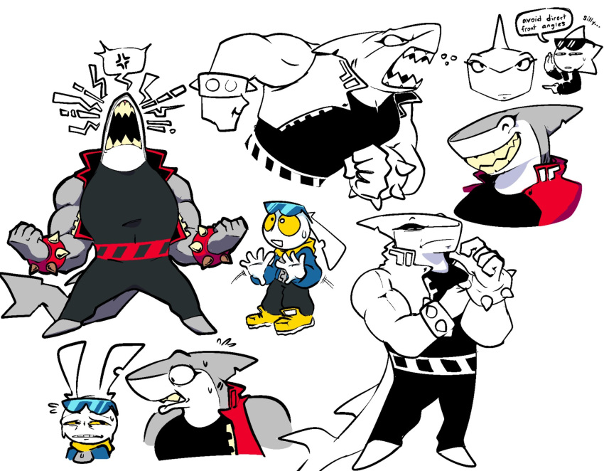 2022 angry anthro bracelet cross-popping_vein dodge_(sludgetoons) duo eyewear eyewear_on_head female female_focus fish fur grey_body grey_skin grin hi_res jewelry lagomorph lamnid lamniform leporid male mammal marine mattie_(sludgetoons) muscular muscular_anthro muscular_female rabbit screaming shark sharp_teeth sludgetoons smile spiked_bracelet spikes sunglasses sunglasses_on_head teeth white_body white_fur