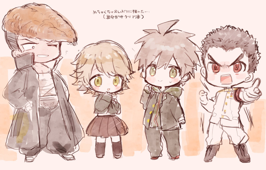 4boys :d ahoge armband black_hair brown_eyes brown_hair chibi danganronpa:_trigger_happy_havoc danganronpa_(series) fujisaki_chihiro full_body grin happy highres ishimaru_kiyotaka jacket kneehighs male_focus multiple_boys naegi_makoto open_clothes open_jacket open_mouth otoko_no_ko owada_mondo pants pointing pointing_at_viewer pompadour red_eyes sat00e short_hair smile socks standing teeth upper_teeth_only white_pants