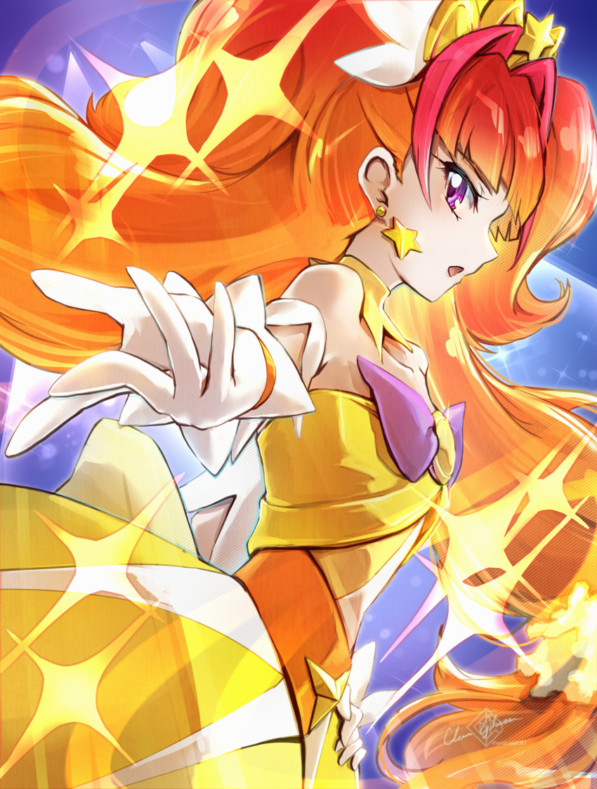 1girl amanogawa_kirara bare_shoulders bow brown_hair clear_glass_(mildmild1311) cure_twinkle dress earrings gloves go!_princess_precure highres jewelry long_hair looking_at_viewer magical_girl multicolored_hair orange_hair precure purple_eyes quad_tails shell shell_earrings solo sparkle_background star_(symbol) star_earrings tiara twintails two-tone_hair very_long_hair waist_bow white_gloves yellow_dress