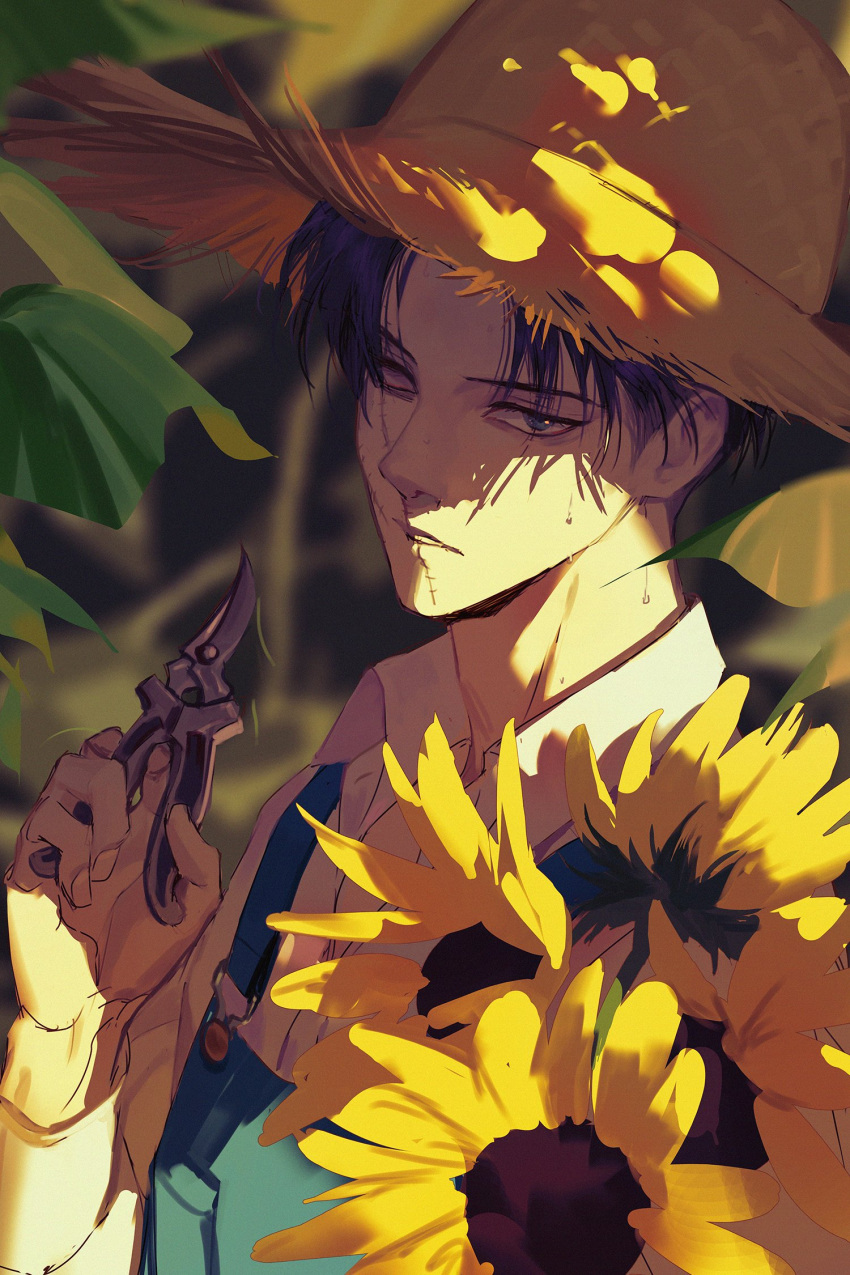 1boy black_hair blind collared_shirt flower hat highres levi_(shingeki_no_kyojin) lilypsiren looking_at_viewer male_focus overalls shingeki_no_kyojin shirt short_hair solo spoilers stitches straw_hat sunflower sunlight tree_shade