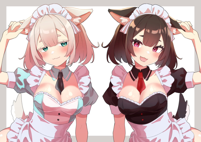 2girls animal_ear_fluff animal_ears apron between_breasts black_necktie blush border breasts brown_hair cleavage closed_mouth commentary_request detached_collar dress frilled_apron frilled_dress frills green_eyes grey_border hair_between_eyes hand_on_own_ear highres looking_at_viewer maid maid_apron maid_day maid_headdress medium_breasts mis705313 multiple_girls necktie open_mouth original pink_eyes puffy_short_sleeves puffy_sleeves red_necktie short_hair short_sleeves simple_background thick_eyebrows white_background