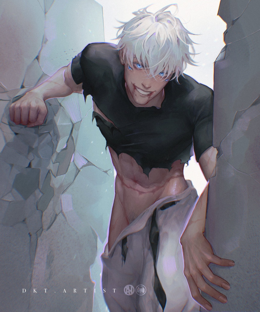 1boy abs artist_name artistdkt black_shirt blood blood_from_mouth blood_on_face blue_eyes clothes_pull extra_eyes gojou_satoru highres jujutsu_kaisen male_focus navel pants pants_pull shirt short_hair smile solo teeth toned toned_male torn_clothes torn_shirt white_hair white_pants